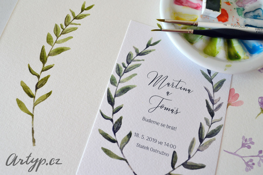 Malované svatební pozvánky olivové listy