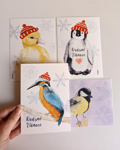 vánoční pohledy, zvířátka malované akvarelem